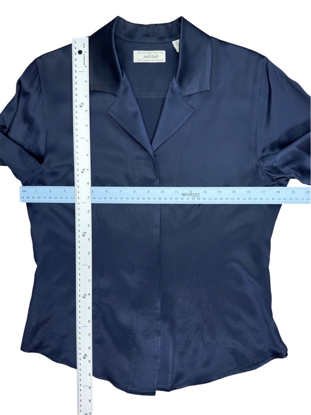 100% Silk Navy Blue Button-Front Long Sleeve Blouse - Picture 13 of 16